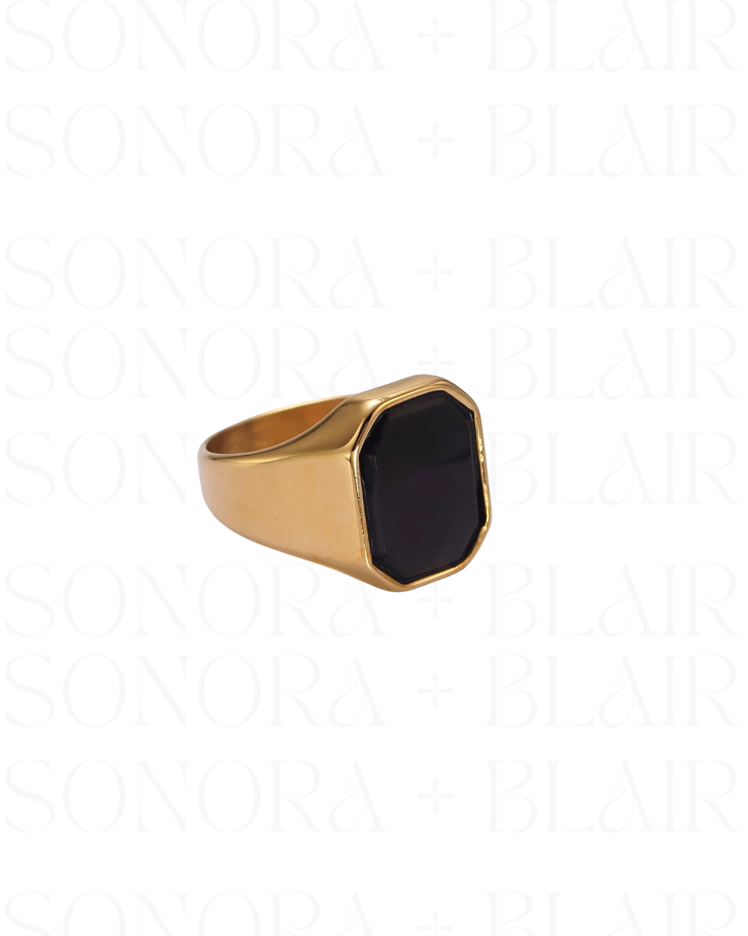 Minimalist Onyx Edged Signet Ring - Gold